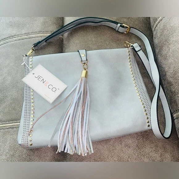 New Blue-Gray Marie - Grommet Detail Fold Over Tassel - Vegan Leather Crossbody - Picture 2 of 4
